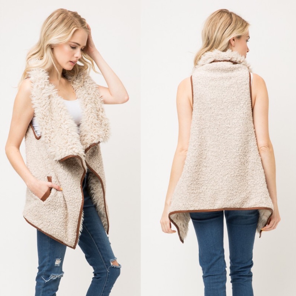 028 Cozy Vegan Fur Shearling Lined Pocket Vest - Picture 4 of 4